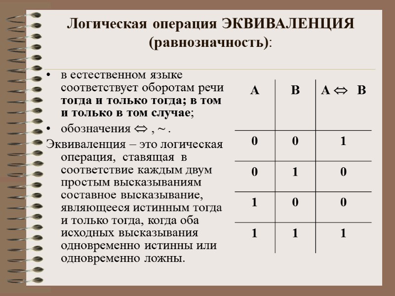 Логическая операция ЭКВИВАЛЕНЦИЯ (равнозначность):   в естественном языке соответствует оборотам речи тогда и